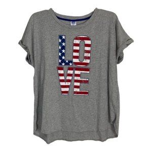 Love Patriotic Womens Tee Shirt Size XL 16/18 Made in USA Gray Short Sleeve Cuff
